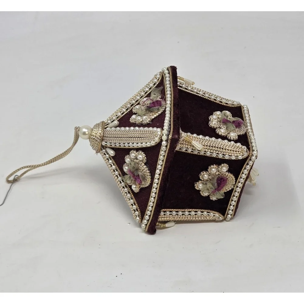 Vintage Handmade Beaded Pagoda Christmas Ornament Pearl Velvet Victorian Style